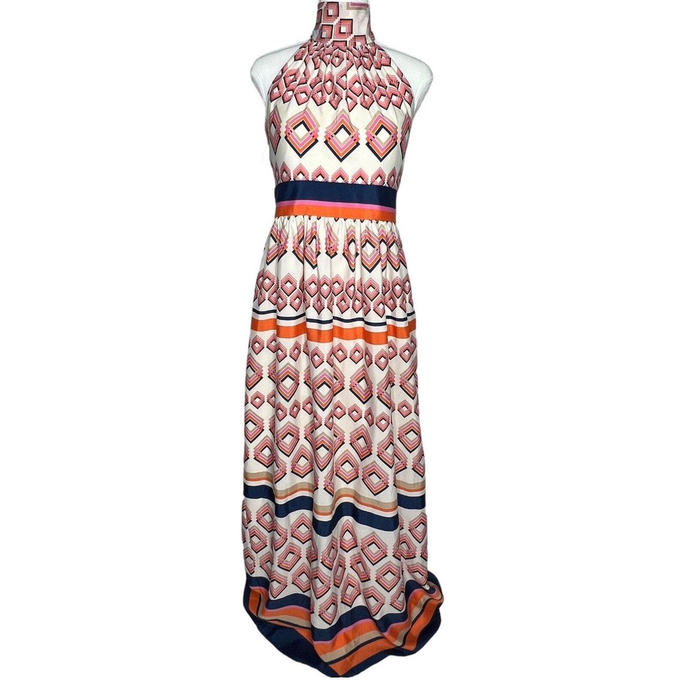 Eliza J Women Size 8 Cream Ivory High Neck Tie Halter geometric Long Maxi dress - Picture 6 of 15